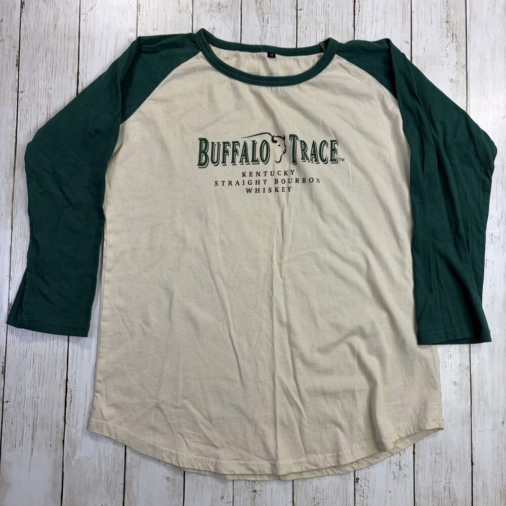 Buffalo Trace Mens Raglan T-Shirt Size M Cream Green Bourbon Whiskey Graphic Tee